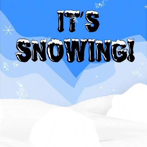 Cartoon gif. Snowflakes fall on drifts where a white dog in a blue scarf pops up and looks around before diving back down. Text, "It's snowing."
