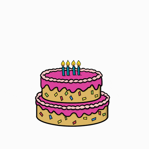 Animovaný gif s třípatrovým narozeninovým dortem, z nějž vystrkuje hlavu šedá kočka, mající na hlavě hořící narozeninové svíčky.