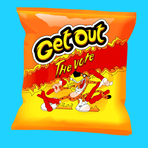Illustrated gif. Bag of Flamin Hot Cheetos floating on an aqua background, text instead reading, "Get out the vote!"