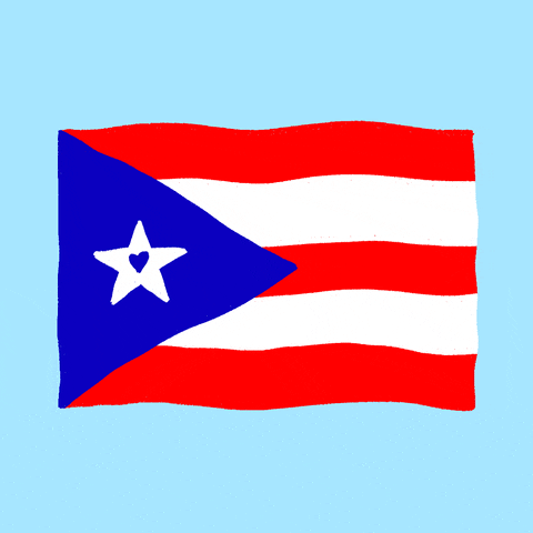 Digital art gif. Red, white, and blue Puerto Rican flag waves gently against a light blue background.