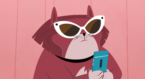 An animated gif illustration showing an orange cat wearing sunglasses looking at a phone. The cat suddenly pushes its sunglasses up to its forehead to see something on the phone more clearly