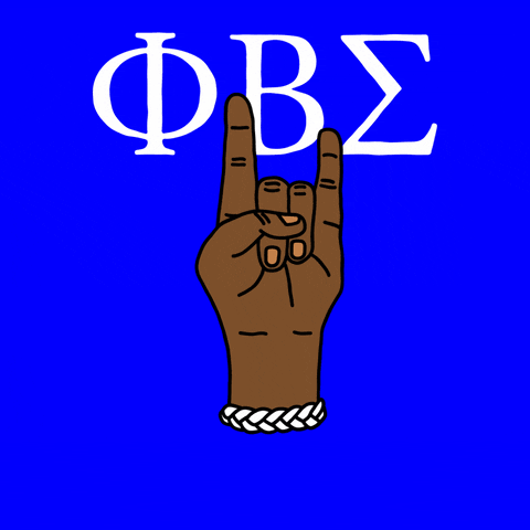 Illustrated gif. Deep brown hands wearing a braided bracelet, thumb folding over the ring and middle fingers, then in a fist of solidarity, under the Greek letters for Phi Beta Sigma in white on a cobalt background. Text, "Vote!"