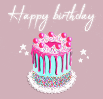 Digital art gif. An extravagantly decorated cake sits against a pink background. The words "Happy birthday" flash above the cake.