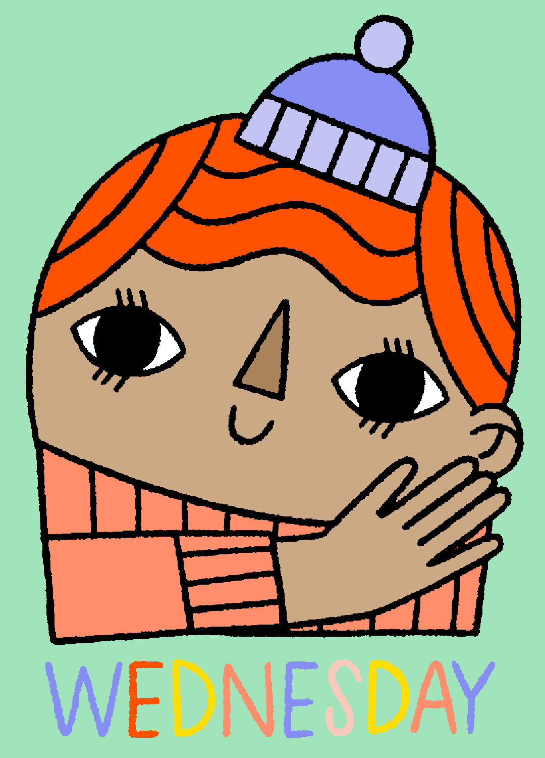 Kawaii gif. A red-haired person wearing a tiny blue stocking cap smiles and blinks at us. Text: "Wednesday."