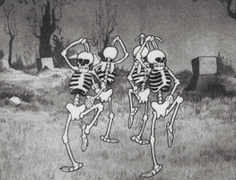 Cartoon gif. Four skeletons prance around in a circle with their hand over their head and on their hips like they’re ballet dancers.