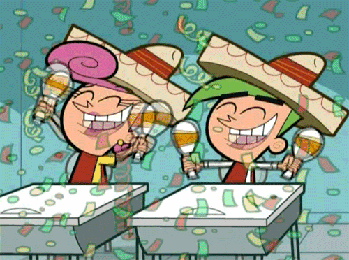 Pohyblivý gif k svátku s kreslenými postavičkami, sedícími ve školních lavicích se sombrerem a mexickými maracas.