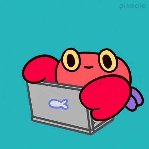 Digital art gif. Cute cartoon crab with a small smile closes a laptop and smashes it to pieces with its claw, its expression remaining unchanged.