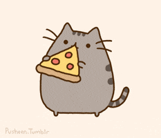 Kawaii gif. Pusheen the gray fat cat stands on his back legs and holds a slice of pepperoni pizza in his paws. He tugs at the pizza like it's tough to get a bite.
