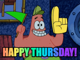 Spongebob gif. Patrick wears a baseball cap, foam finger, and waves a flag. A broad smiles fills his face. Text, "Happy Thursday." 