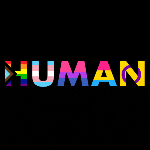 Text gif. Block letters filled with alternating gay, bisexual, transgender, pansexual, intersex, and progress pride flags, read "Human."