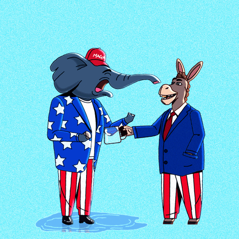 Illustrated gif. Elephant in a red Maga hat cries, tears pouring into puddles on a cyan background, donkey dressed like Uncle Sam catching the tears in a mug and drinking them.