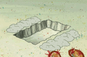 SpongeBob gif. SpongeBob throws himself in a square hole in the sand and then covers himself up with sand. Text over the buried SpongeBob in capital letters reads, “NOPE.”