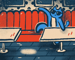 Digital art gif. A blue cat wearing sunglasses sits in a booth at a diner, arms and legs splayed out, cool as a cucumber. The cat's outline becomes bold and the un-bold, over and over again.