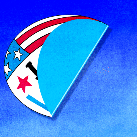 Digital art gif. Circle-shaped sticker decorated with an American flag adheres to a blue background, featuring sparkling text that reads, “I am a voter.”