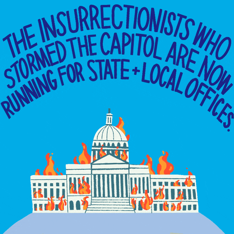 Illustrated gif. Flames engulf the US Capitol building as protestors pop up below. A hand holding a watering can that reads, "Vote," pours water from above, extinguishing the flames as the people evaporate. Text, "The insurrectionists who stormed the Capitol are now running for state and local office. You can stop them."