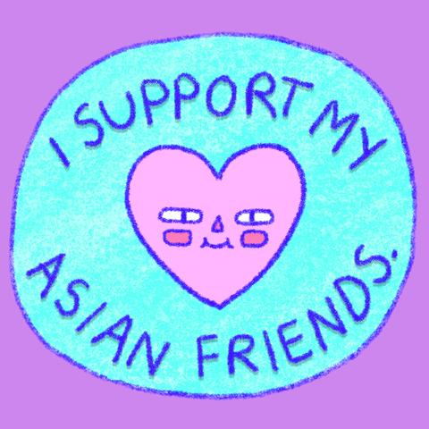 Digital art gif. Smiling heart that changes color from green to purple bounces inside a circle with the message, “I support my Asian friends.”