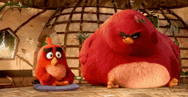 Movie gif. From "Angry Birds," Terence sits on the floor with Red, then sucker-punches Red, who flies across the room and hits the wall.