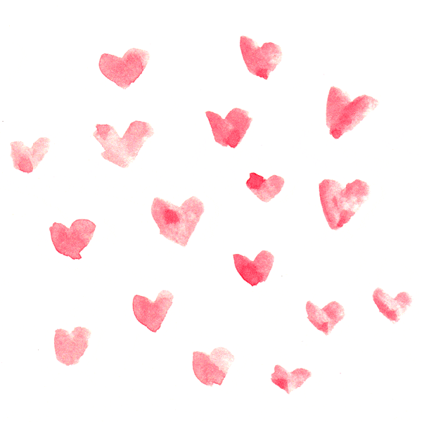 Digital art gif. Several watercolor hearts jitter in place.