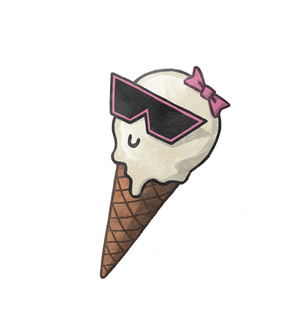 Digital art gif. Ice cream cone with a pink bow and pink sunglasses smirks and text reads, "Ice Cool."