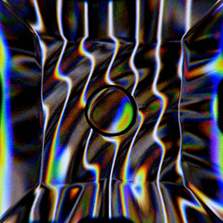 Digital art gif. Waving in metallic and rainbow colors, a circle rests inside an undulating 3D cube.