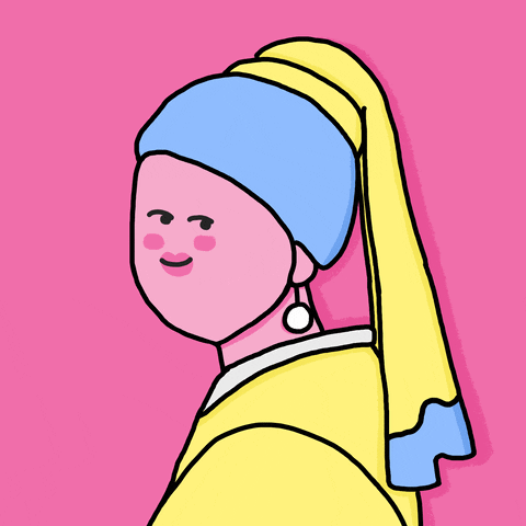 Illustrated gif. Line drawing of a woman wearing a pearl earring and long headwrap looks over her shoulder in a nod to the painting The Girl with the Pearl Earring. Sparkles twinkle around her as she winks at us.
