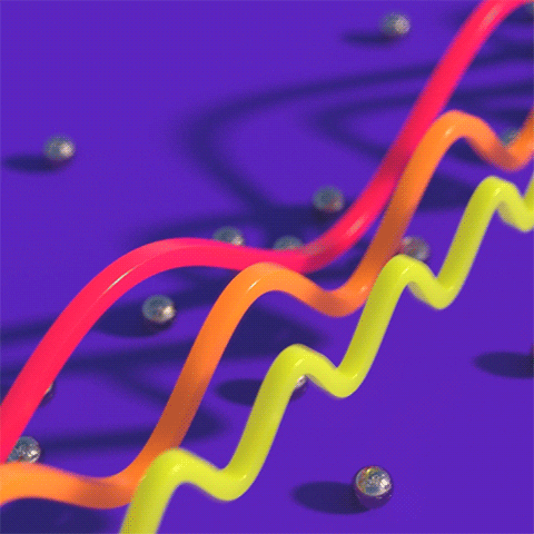 Video gif. Yellow, pink, and orange lines are flowing by a purple background with little metal balls on it.