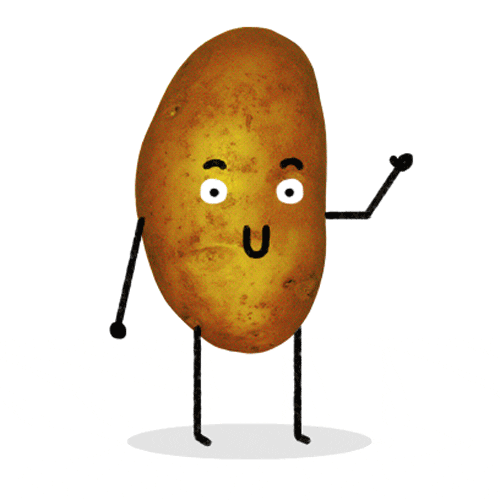 Illustrated gif. A potato with arms, legs, and a smile on its face waves hello.