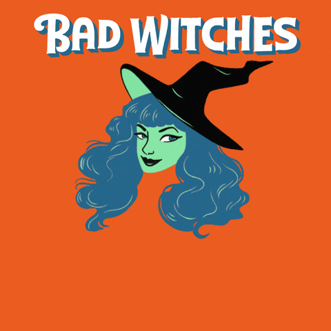 Digital art gif. Pretty witch on a bright orange background winks, elegant sign-writing font appears. Text, "Bad witches, go to witches-march-dot-com, to get out the vote."