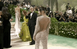 Met Gala 2024 gif. Emily Ratajkowski shows the full back of her long sleeve pale gold Versace gown with a crew neckline. The dress is completely sheer with a weaved feather-like detailing. The backless dress is open to a v-shaped point just above her buttocks which is visible beneath the sheer fabric.