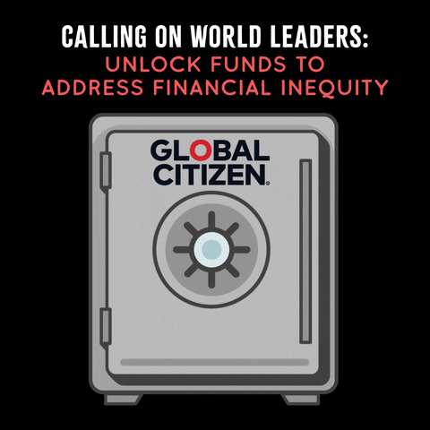 Digital art gif. Gray safe labeled “Global Citizen” spins and opens, revealing an urban scene with money raining down against a black background. Text, “Calling on world leaders: unlock funds to address financial inequity.”