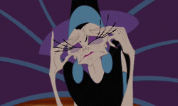 Cartoon gif. Yzma from Emperor's New Groove is rubbing her brow intensely, massaging her face to rid herself of her headache.