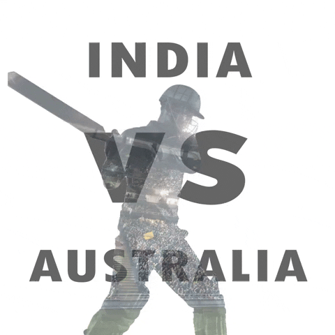 3D animated gif. A transparent silhouette of a cricket player takes a full swing. His body is edited to be filled in by a stadium full of fans. Text, "India vs Australia."