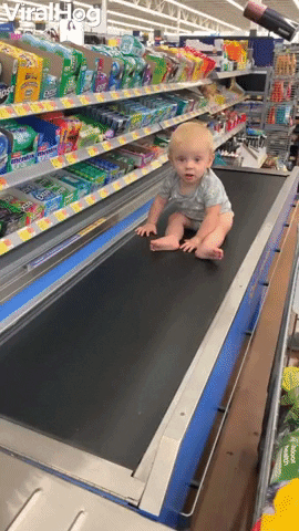 Baby Rides Grocery Conveyer Belt GIFs 
