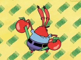 SpongeBob SquarePants gif. Mr Krabs gleefully swipes a stretched-out dollar bill back and forth between his legs, against a background of flying dollar bills.