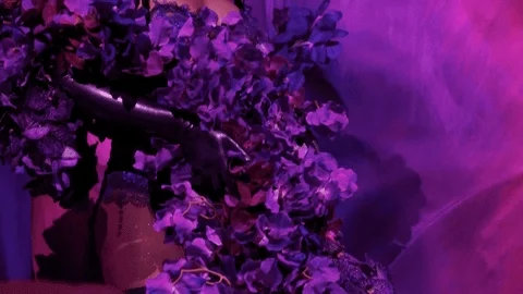 GIF of Rihanna in a dress made of purple flowers