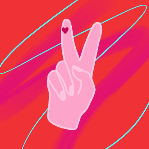Digital art gif. Hand holds up a peace sign as a drop of blood shaped like a heart drips from a blood sugar test finger prick.