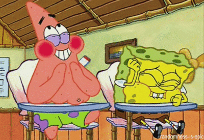 Patrick Star and SpongeBob SquarePants, holding back laughter. They're sitting together in a classroom.