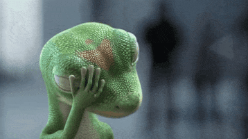 Ad gif. The Geico Gecko is facepalming with his eyes closed. He wipes his hand across his face in frustration. 