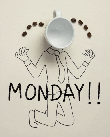 Stop motion gif. A man is drawn in marker, and a real coffee mug is in the place of his head. He is on his knees and holds his arms out in a gesture of desperation. Coffee bean tears flow from the mug as he cries out, "Monday!"