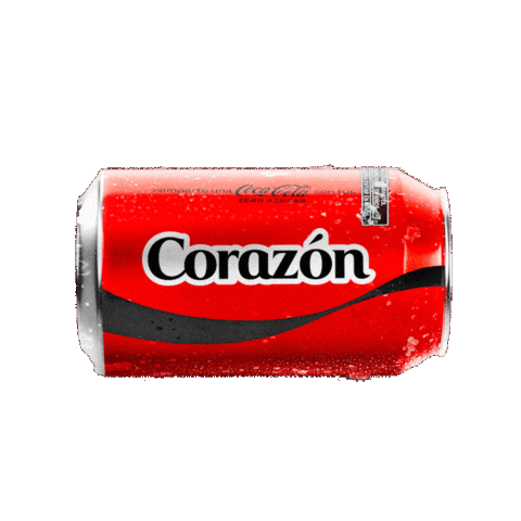 Sponsored gif. A red can of Coca-Cola with the word "Corazón" drops into frame, pauses, and then drops out of sight.