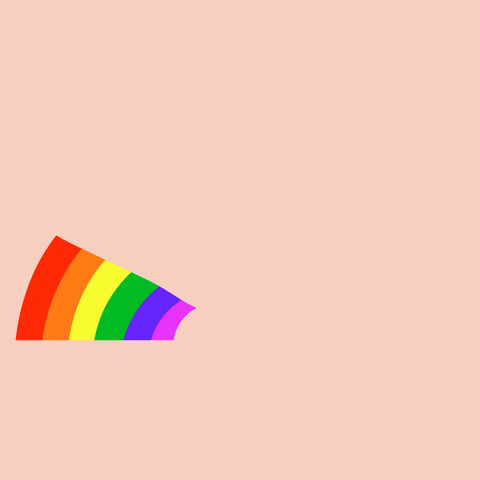 Digital illustration gif. A full rainbow arcs up and back down, then zooms towards us against a pale pink background. 