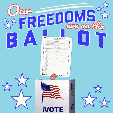 Digital art gif. Hand raises a ballot out of a white box decorated with an American flag that is labeled “Vote” amongst white stars against a light blue background. Stylized red, white, and blue text reads, “Our freedoms are on the ballot.”
