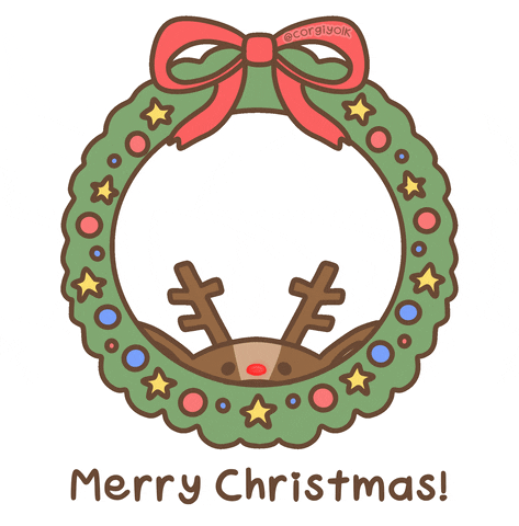 Illustrated gif. A Christmas wreath is adorned with simple ornaments and a red ribbon on top. Corgiyolk dressed in a reindeer costume pops up and rests its little paws on the wreath. Text, ”Merry Christmas!” in handwritten letters.