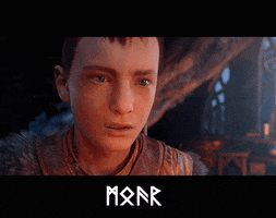Video game gif. A young Atreus from "God of War Ragnarok" looks with intensity at something offscreen and yells "More."