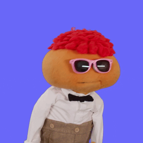 TV gif. Gerbert the puppet bobs his head lackadaisically in front of a colorful background. Text pops up that reads "Let's party!"