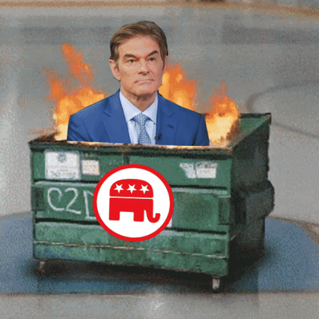 Political gif. Dr. Oz stews inside a raging dumpster fire. The dumpster is stamped with a red and white elephant.