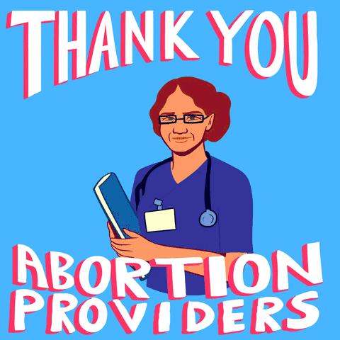 Illustrated gif. Diverse array of medical professionals scroll across a sky blue background. Text, "Thank you abortion providers."