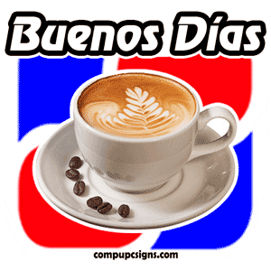 Digital compilation gif. Picture of a latte with a decorative foam design and coffee beans on its saucer. Text drops into frame, "Buenos dias."
