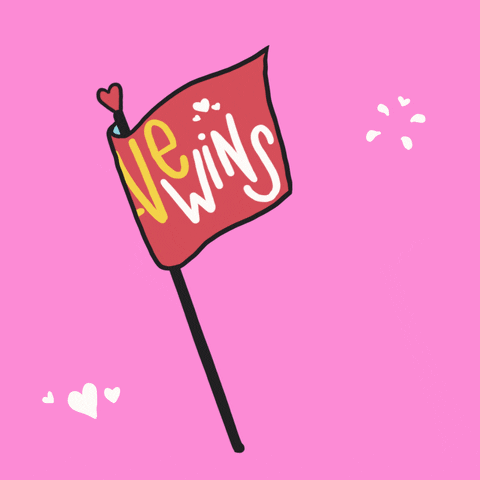 Illustrated gif. A Quasar pride flag on a pink background bursting with little hearts, waves back and forth, revealing one side says "Love wins."