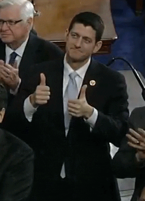 Political gif. Paul Ryan claps and gives two thumbs up.